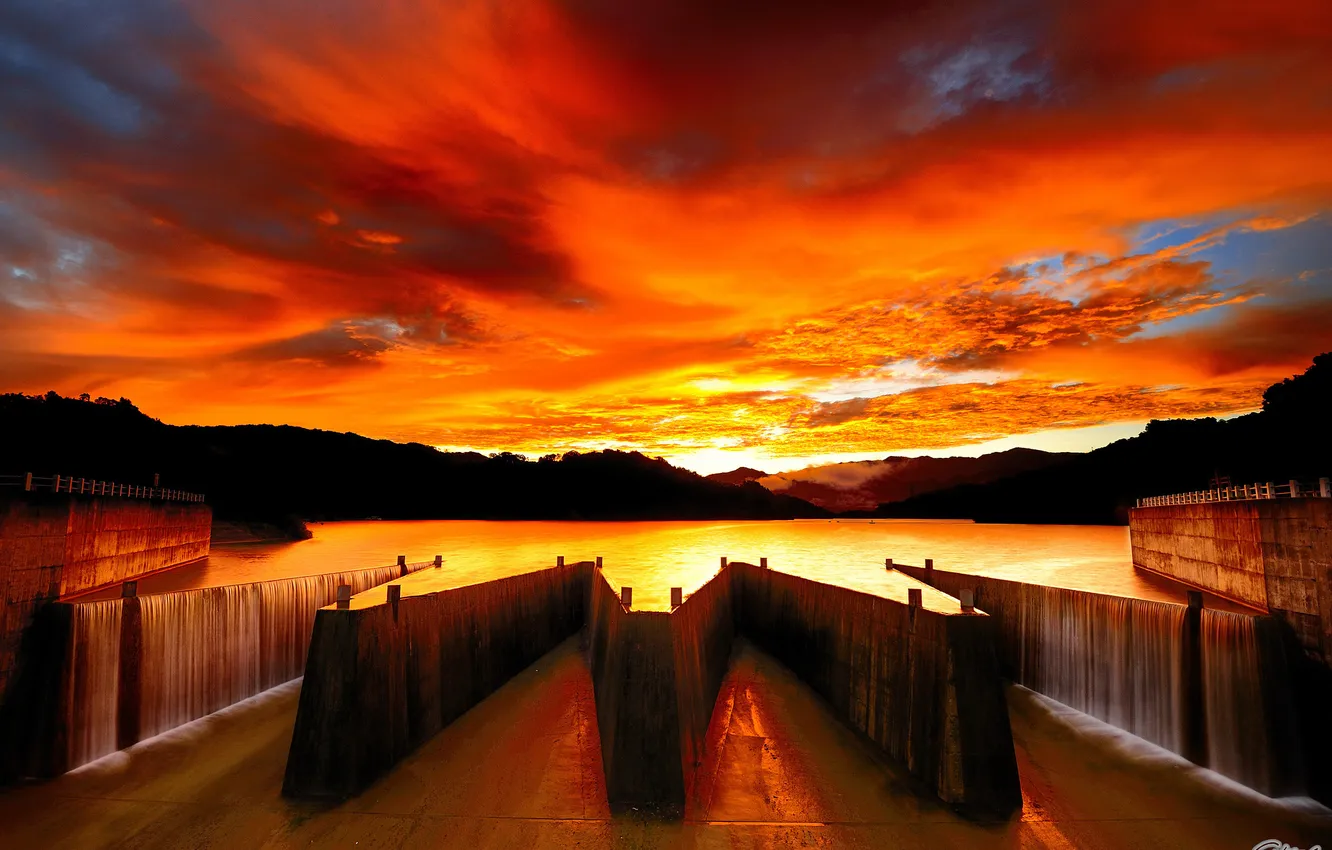 Photo wallpaper the sky, water, clouds, sunset, construction, angle, pond