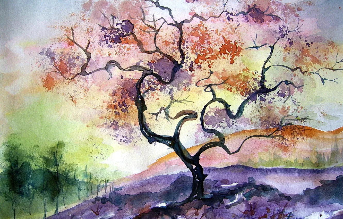 Photo wallpaper tree, picture, watercolor