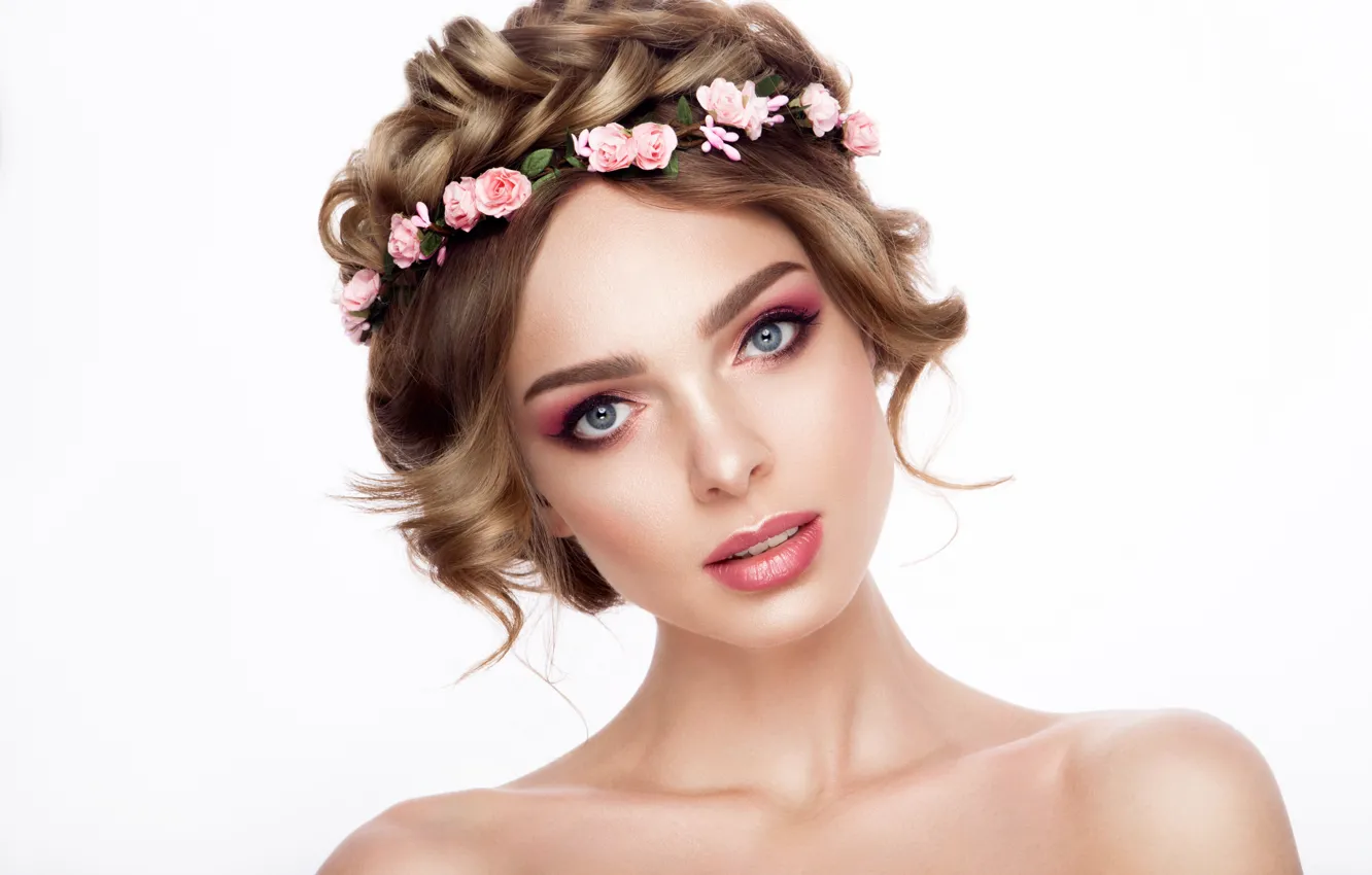 Photo wallpaper look, girl, roses, makeup, hairstyle, shoulders, wreath