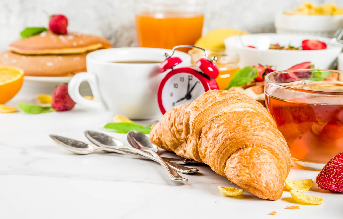 Photo wallpaper berries, tea, food, Breakfast, fruit, cakes, croissant, pancakes