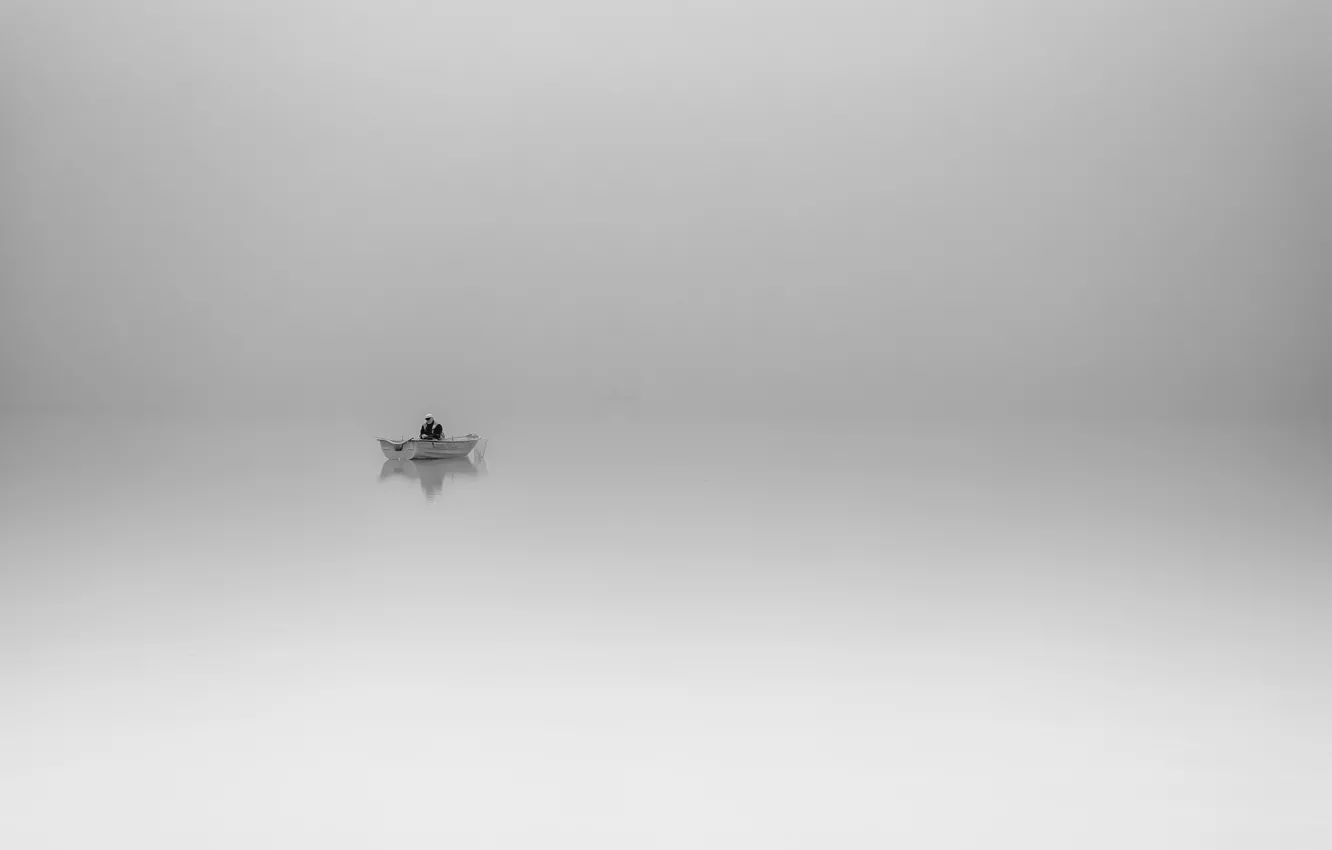 Photo wallpaper fog, boat, fisherman, fog, boat, fisherman, foggy morning, fog in the morning