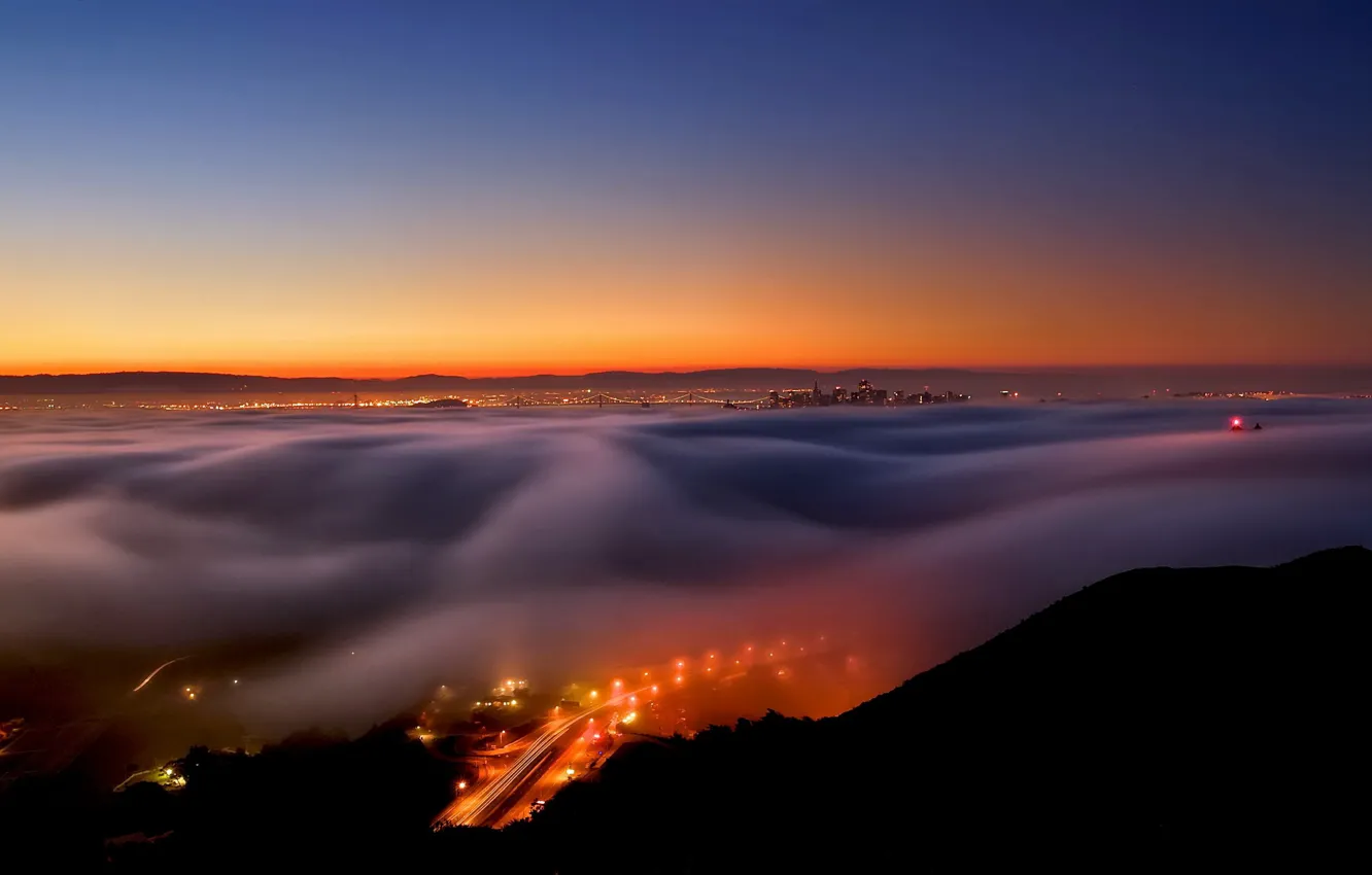 Photo wallpaper landscape, night, the city, fog