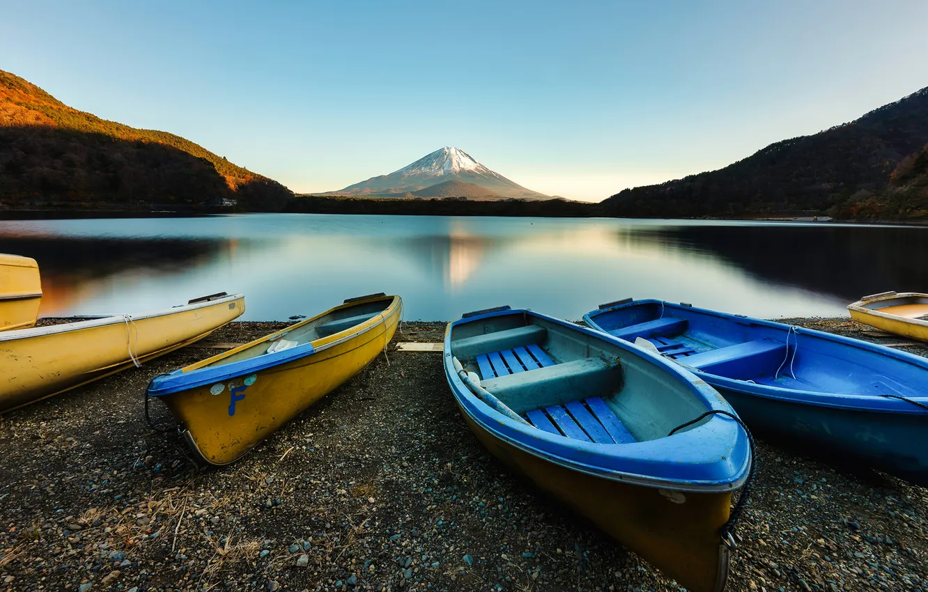 Photo wallpaper mountains, nature, lake, boat, Japan, Lake Shōji