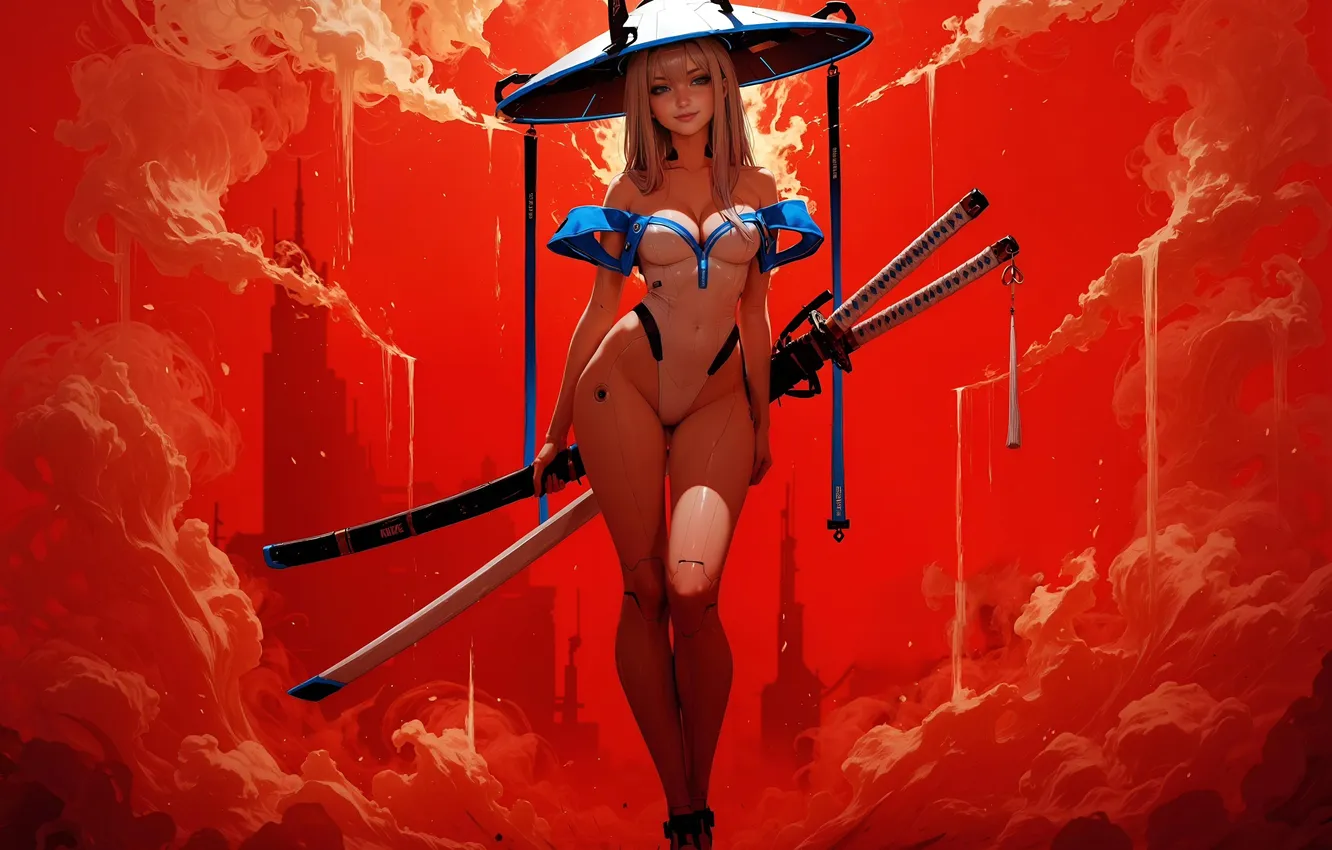 Photo wallpaper girl, katana, katana, women, Scarlet, neural network, AI Art, AI ART