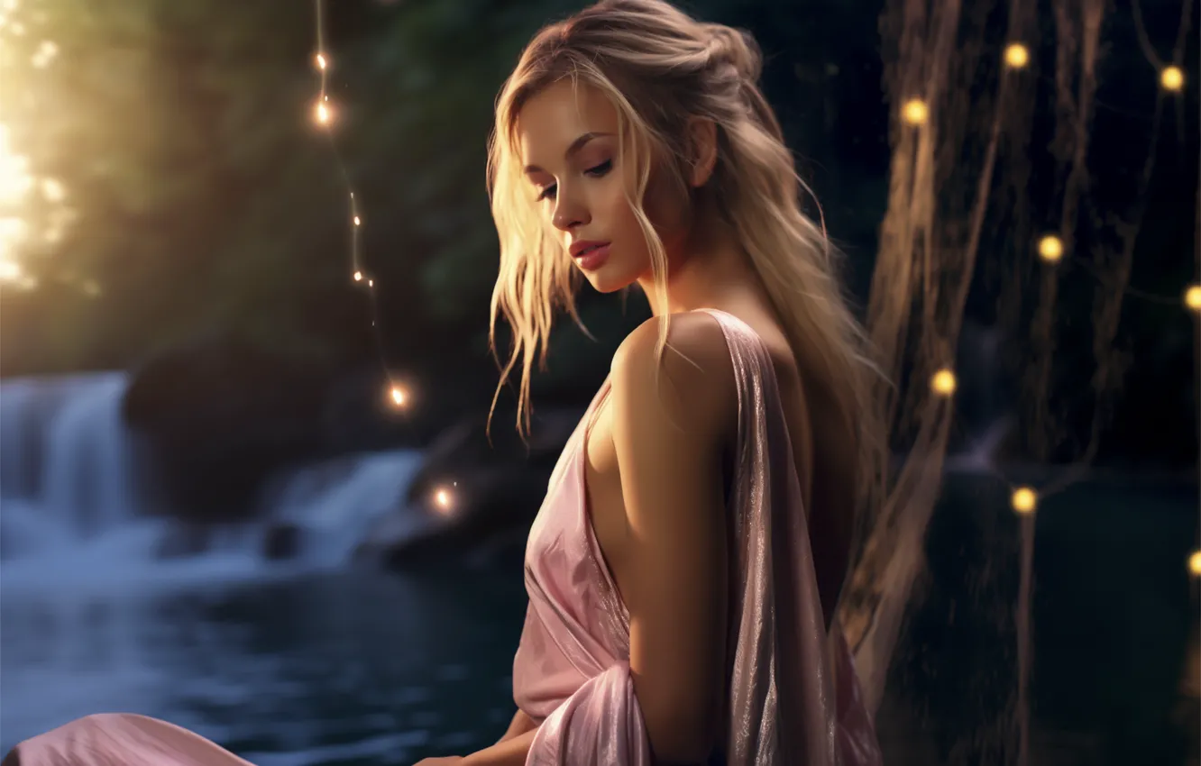 Photo wallpaper look, girl, nature, lights, the dark background, waterfall, portrait, the evening