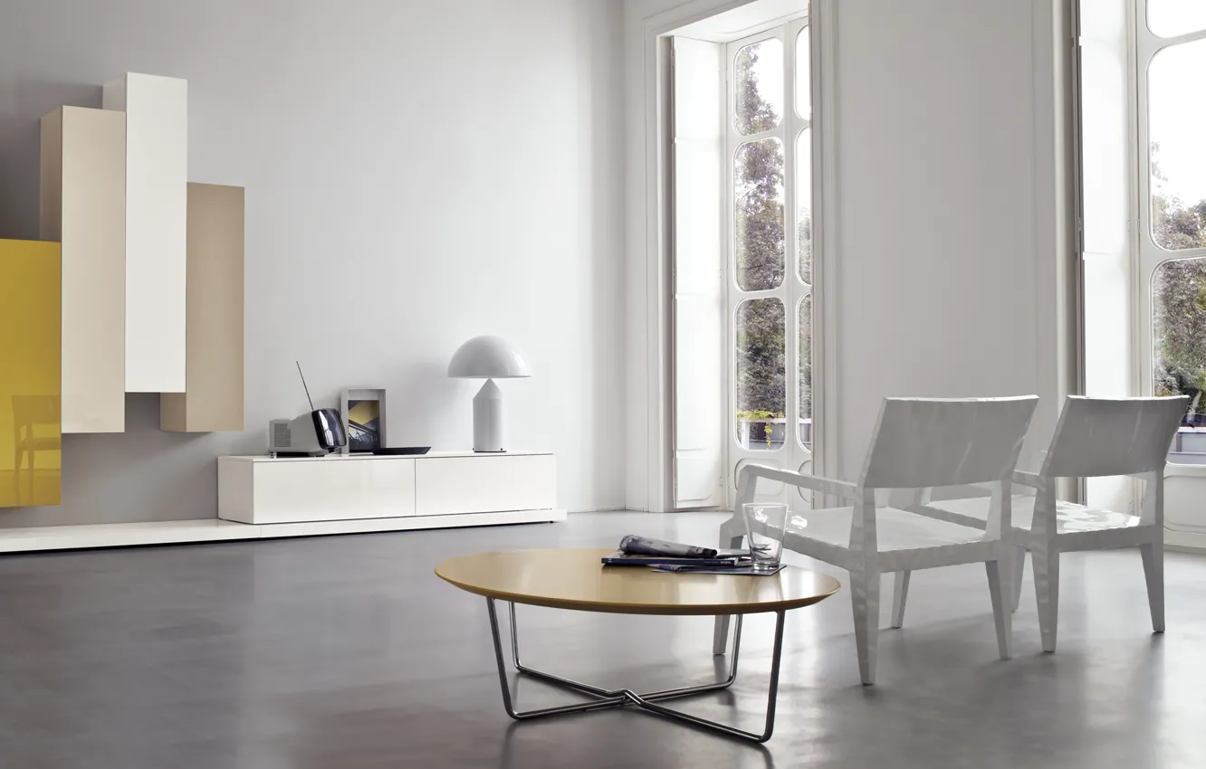 Photo wallpaper white, yellow, design, table, furniture, interior, chair, white