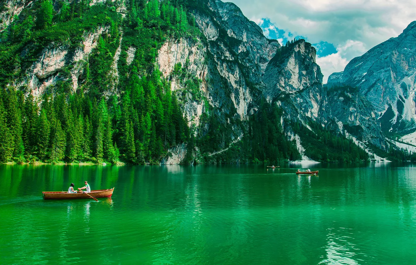 Photo wallpaper greens, forest, the sky, the sun, clouds, trees, mountains, lake