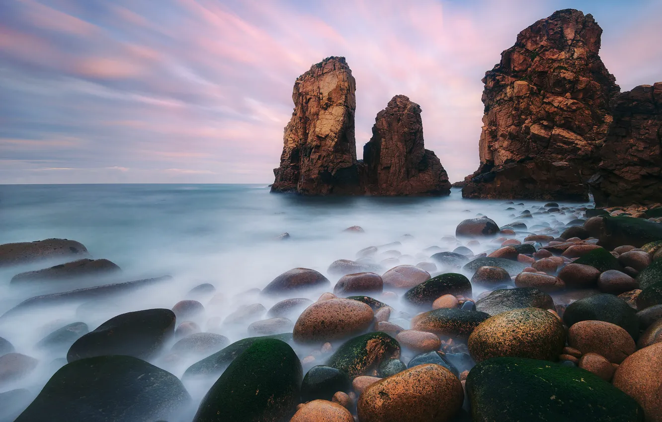 Photo wallpaper sea, the sky, clouds, fog, stones, rocks, dawn, round