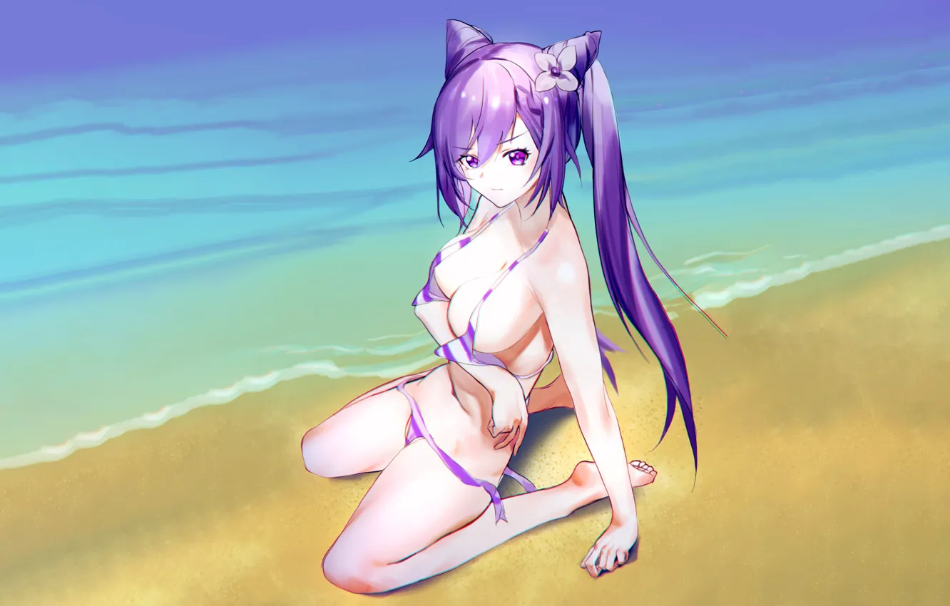 Photo wallpaper girl, sexy, cleavage, beach, flower, long hair, legs, sea