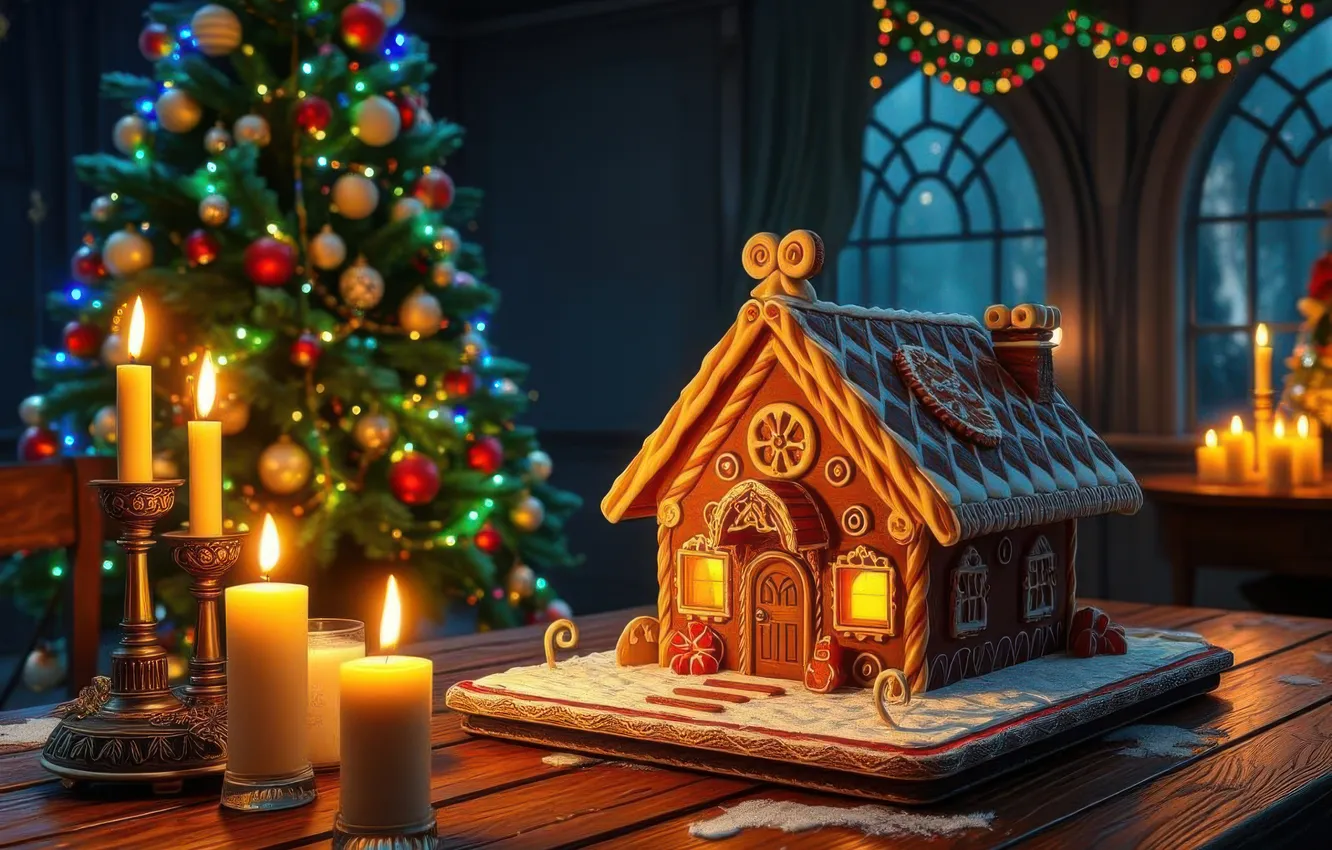 Photo wallpaper balls, lights, new year, window, Christmas, house, Christmas decorations, Christmas tree