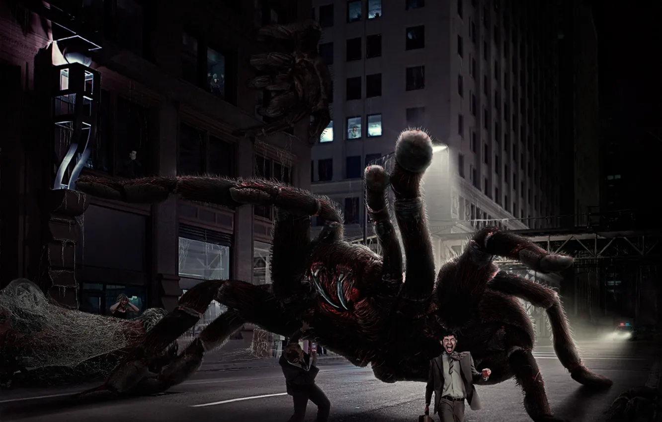 Photo wallpaper the city, fear, monster, spider, horror