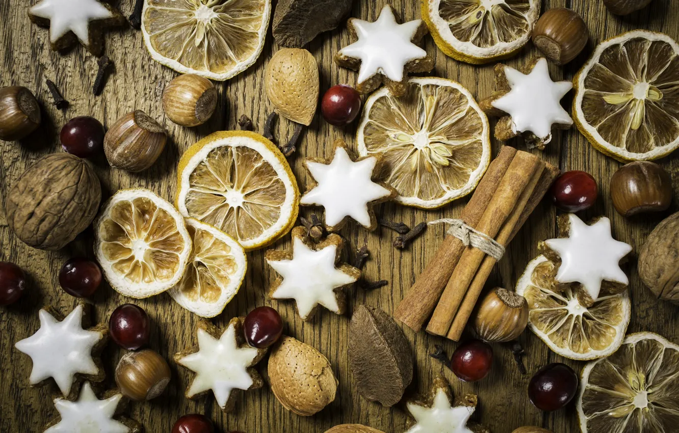 Photo wallpaper macro, Christmas, cookies, nuts, cinnamon