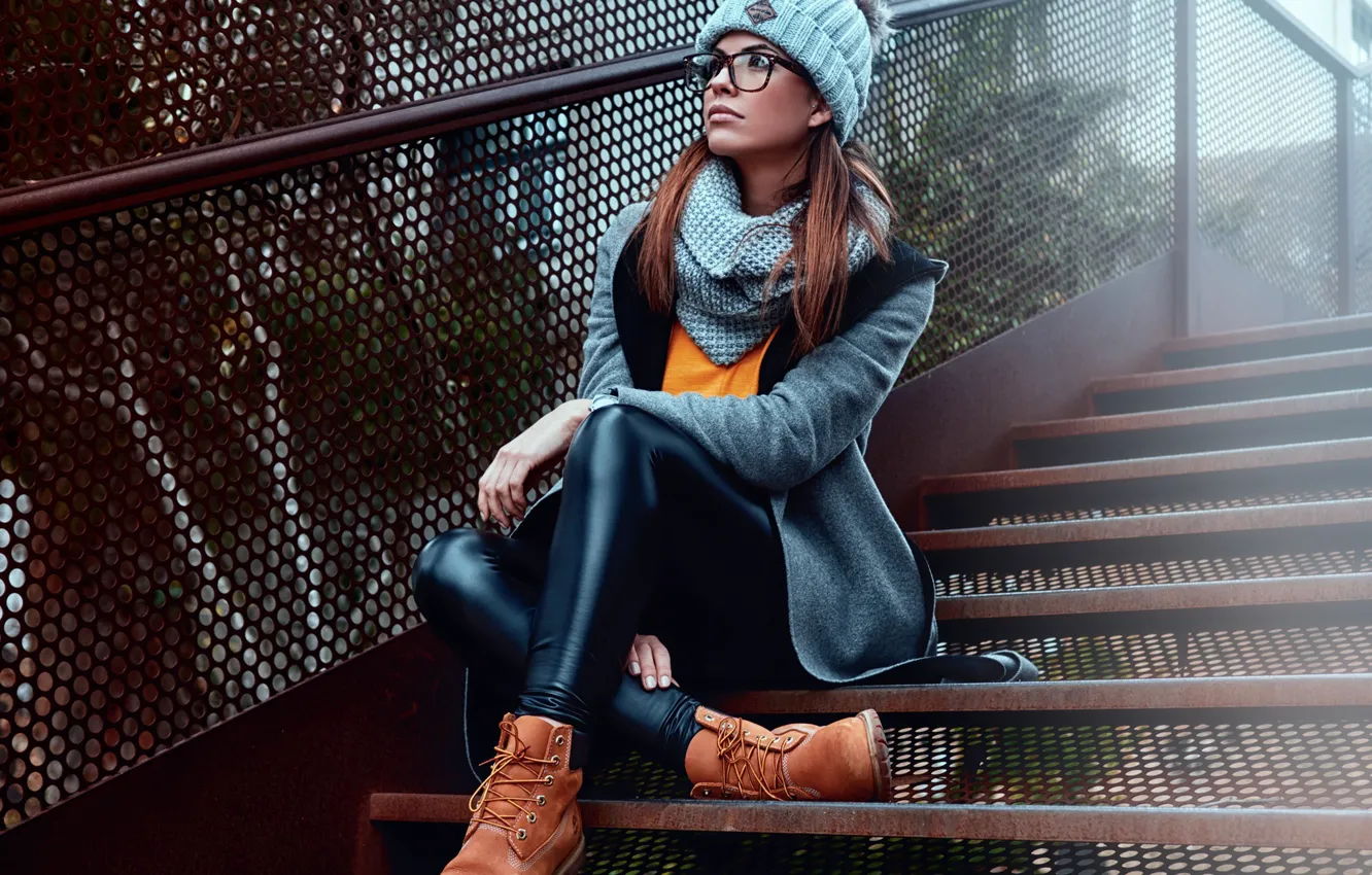Photo wallpaper girl, pose, shoes, glasses, ladder, cap, Susana, Pedro Courelas