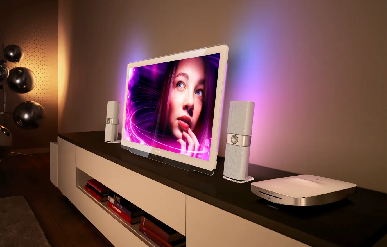 Photo wallpaper girl, face, background, TV, speakers, Philips DesignLine TV