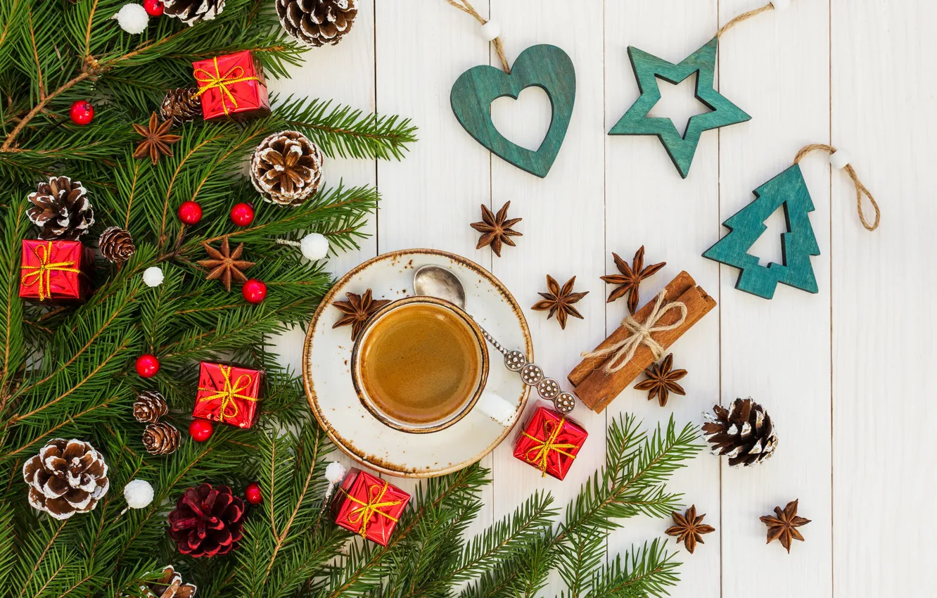 Photo wallpaper holiday, Tree, Blue, Heart, Coffee, Star, Christmas, decoration