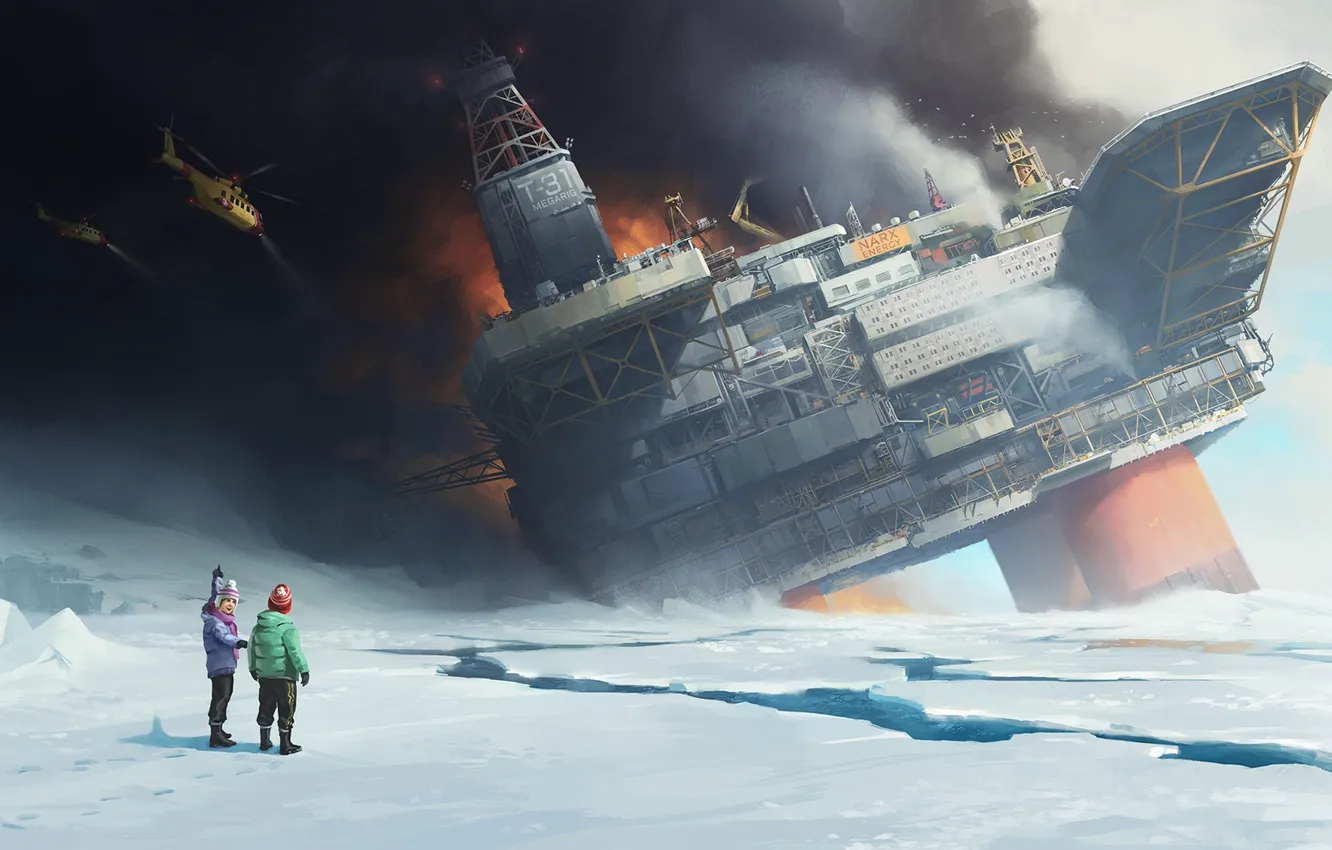 Photo wallpaper helicopter, Megarig on fire, Rafal Banasiak, Megareg in the fire