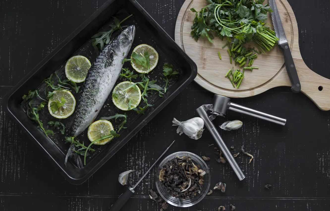 Photo wallpaper greens, fish, pepper, garlic