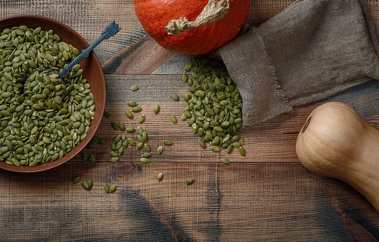 Photo wallpaper table, Board, spoon, pumpkin, bowl, placer, seeds, pouch