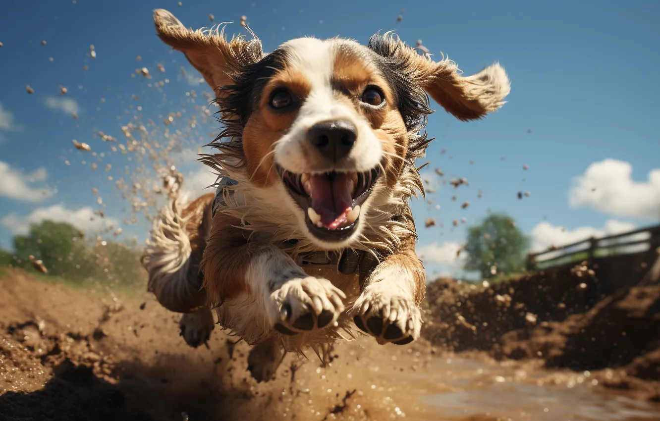Photo wallpaper look, face, joy, jump, dog, dirt, running, front