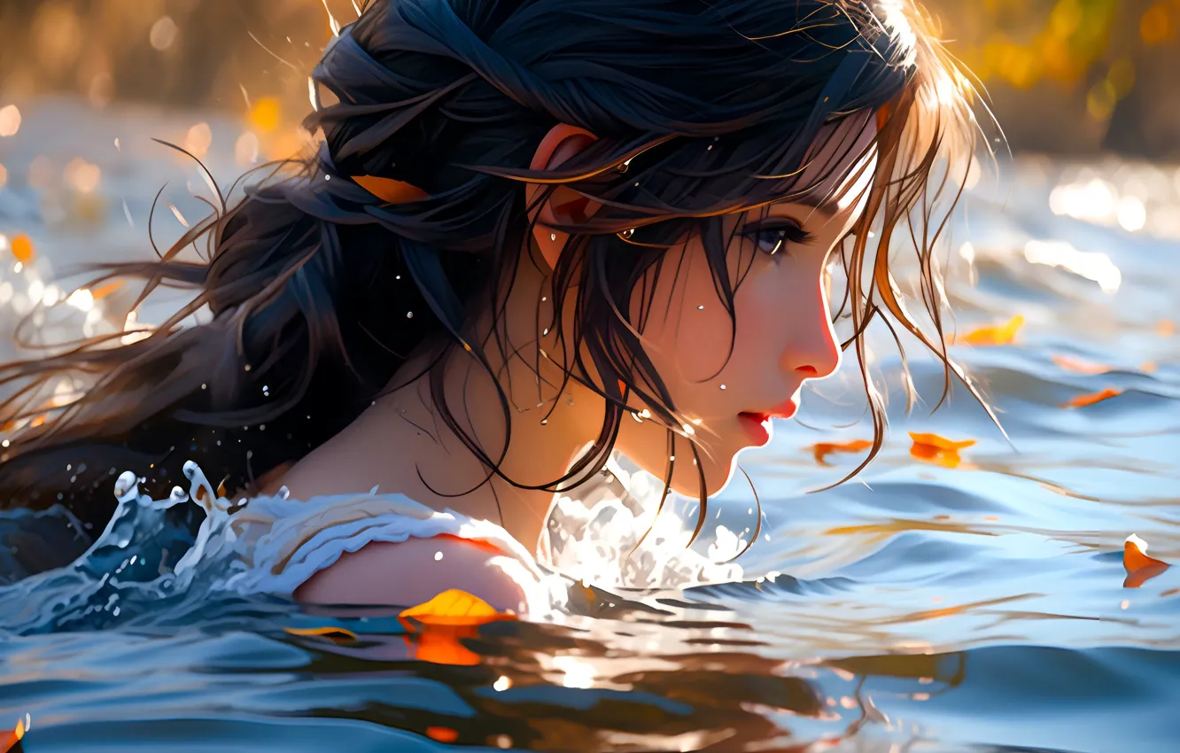 Photo wallpaper close-up, brunette, beautiful girl, in the water, digital art, digital art, artificial intelligence, Stable Diffusion