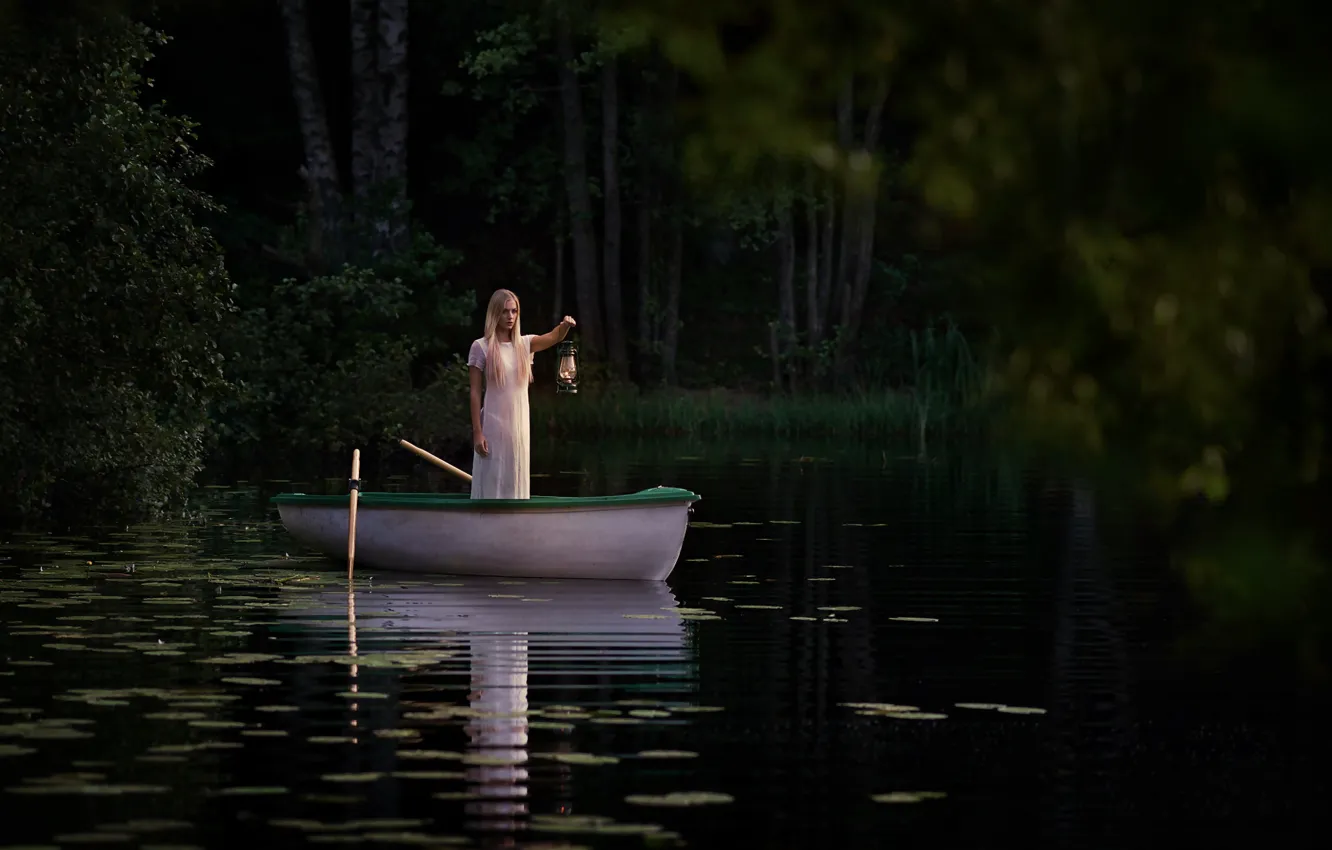 Photo wallpaper girl, boat, lamp, The Lake, Jörgen Petersen