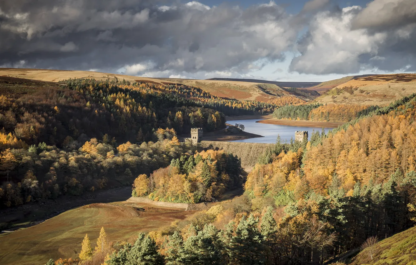 Photo wallpaper autumn, forest, river, castle, hills, shore, view, tower