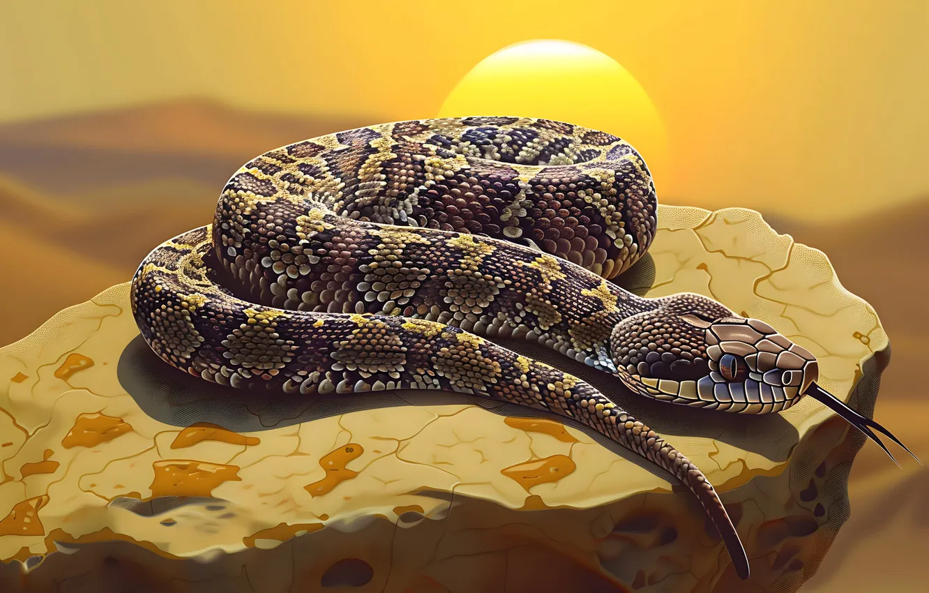 Photo wallpaper the sun, stones, animal, dawn, snake, art, reptile, digital art