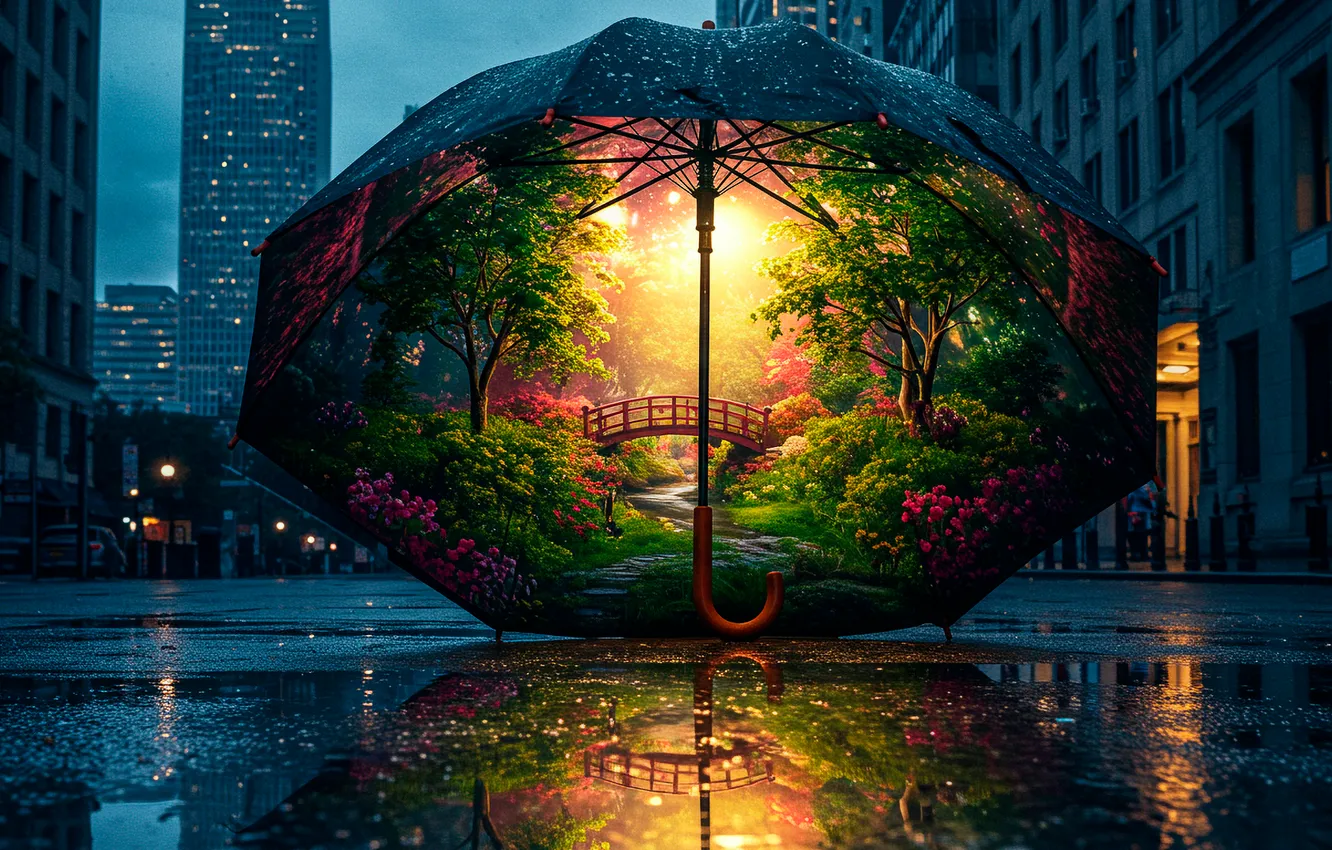 Photo wallpaper landscape, the city, street, umbrella, art