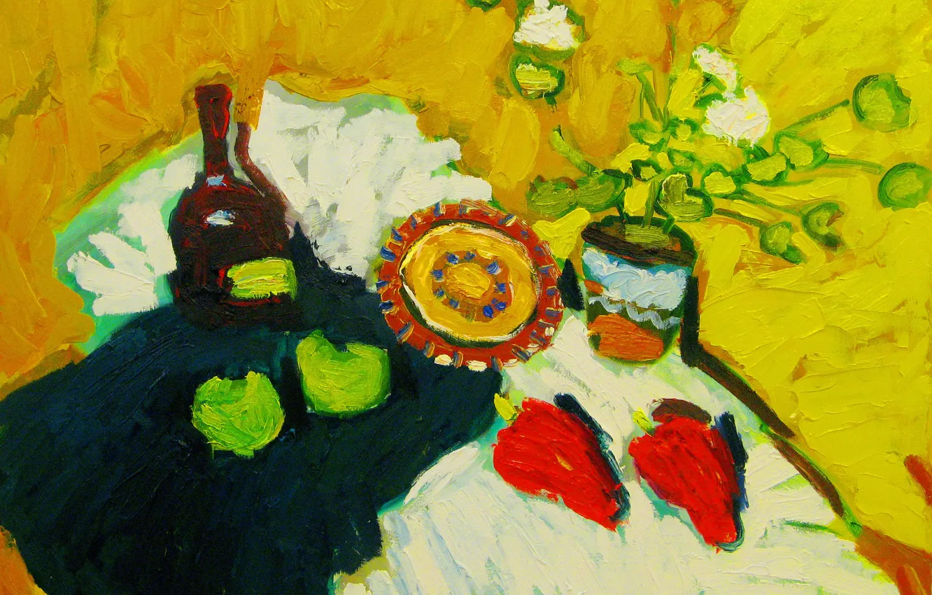 Photo wallpaper 2008, plate, still life, red pepper, green apples, The petyaev, a bottle of cognac