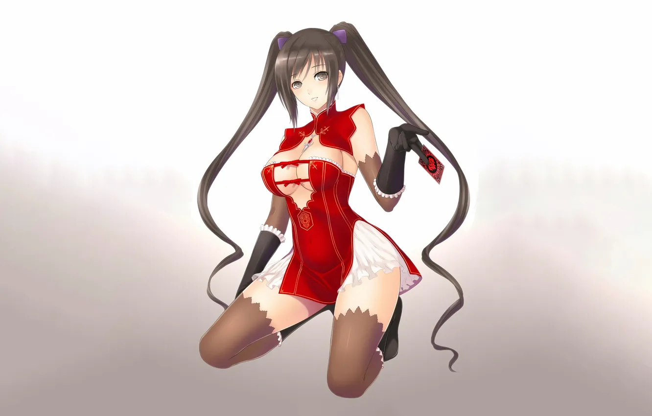 Photo wallpaper girl, sexy, cleavage, thighhighs, long hair, dress, legs, brown eyes