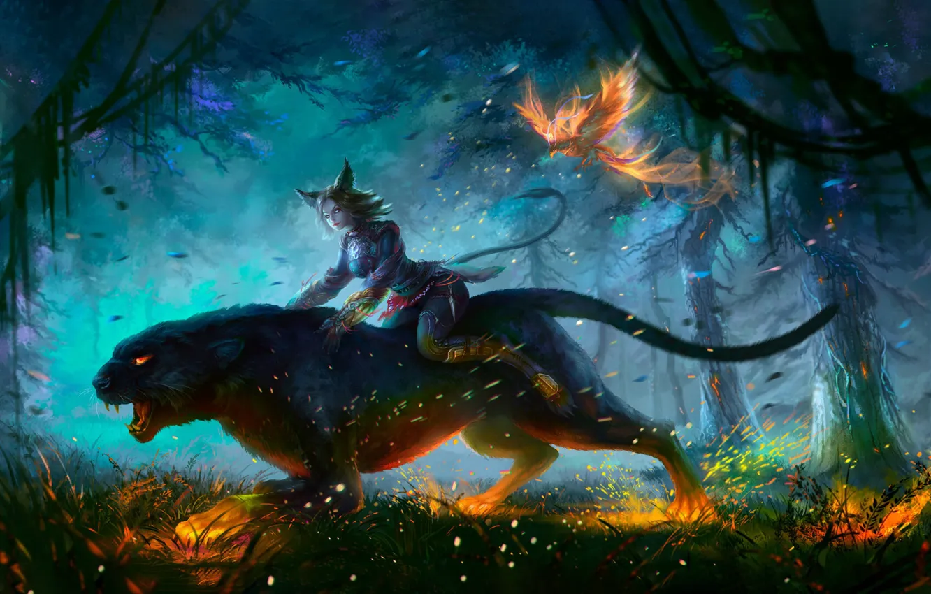 Photo wallpaper forest, cat, fireflies, fiction, Panther, fantasy, forest, Phoenix
