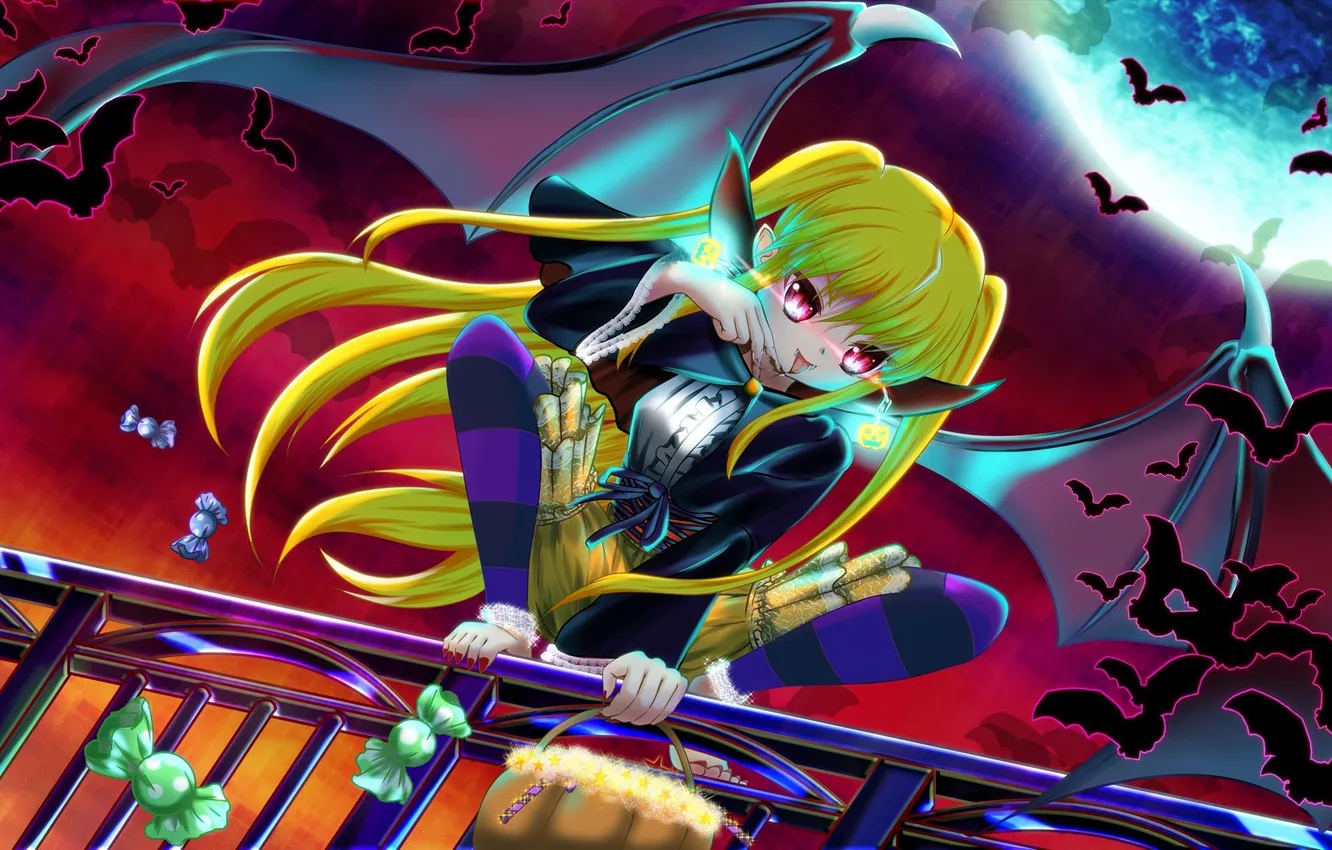 Photo wallpaper night, the moon, the fence, wings, the demon, art, candy, girl