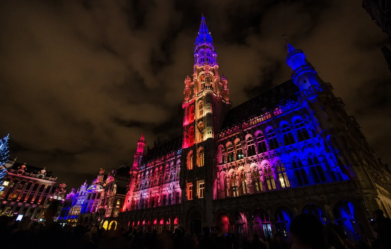 Photo wallpaper night, lights, people, home, area, Belgium, Brussels