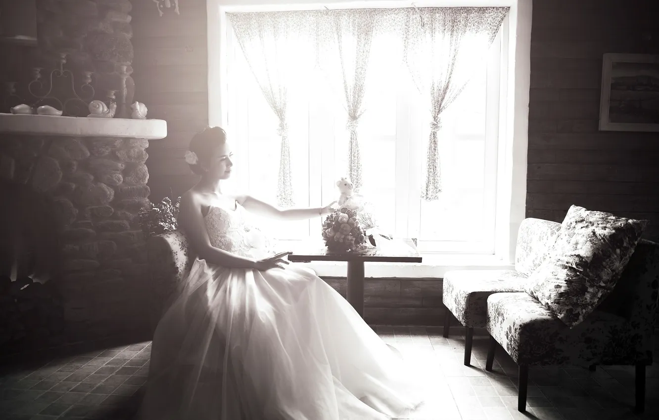 Photo wallpaper girl, bouquet, sitting, the bride