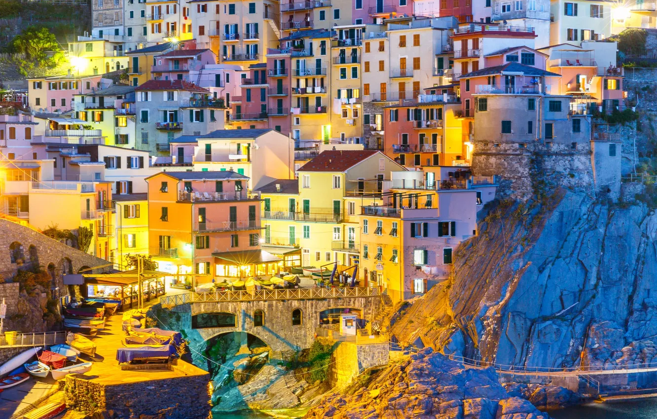 Photo wallpaper lights, rocks, paint, home, Italy, Manarola, Cinque Terre, The Ligurian coast
