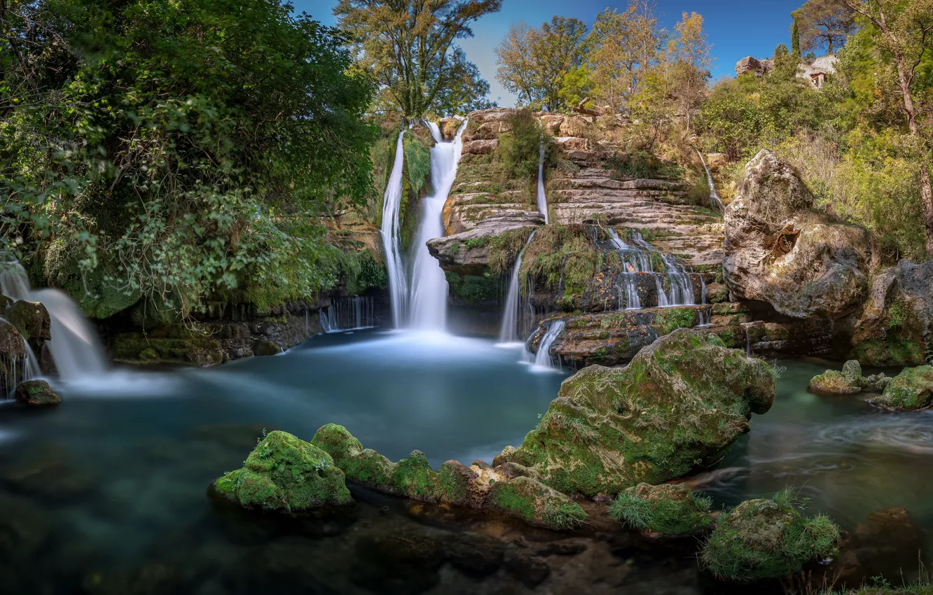 Photo wallpaper trees, river, stones, France, moss, waterfalls, cascade, France