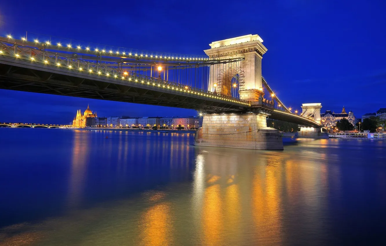 Photo wallpaper night, bridge, lights, river, home, Hungary, Budapest, Chain Bridge