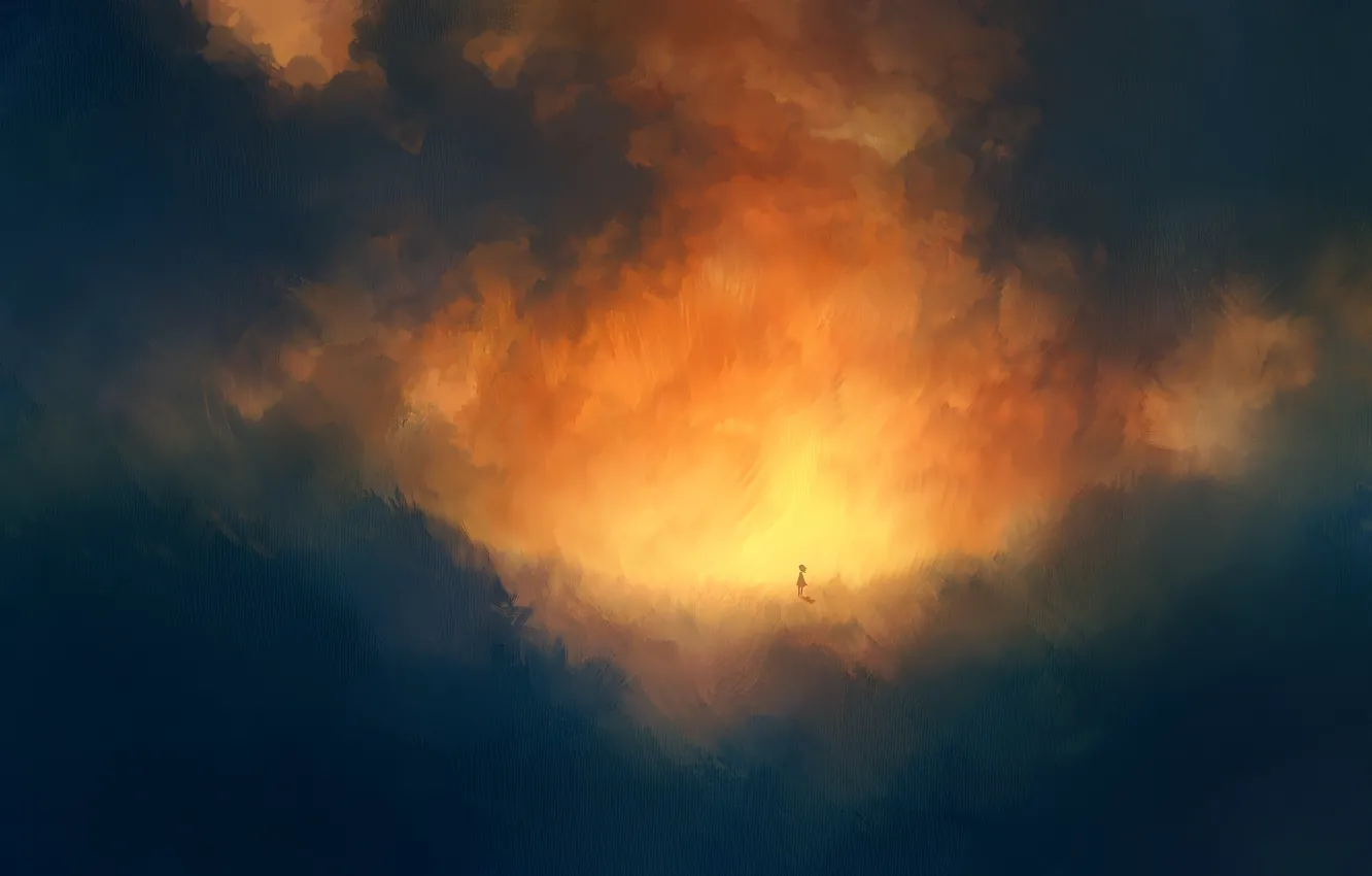 Photo wallpaper clouds, sunset, surrealism, girl