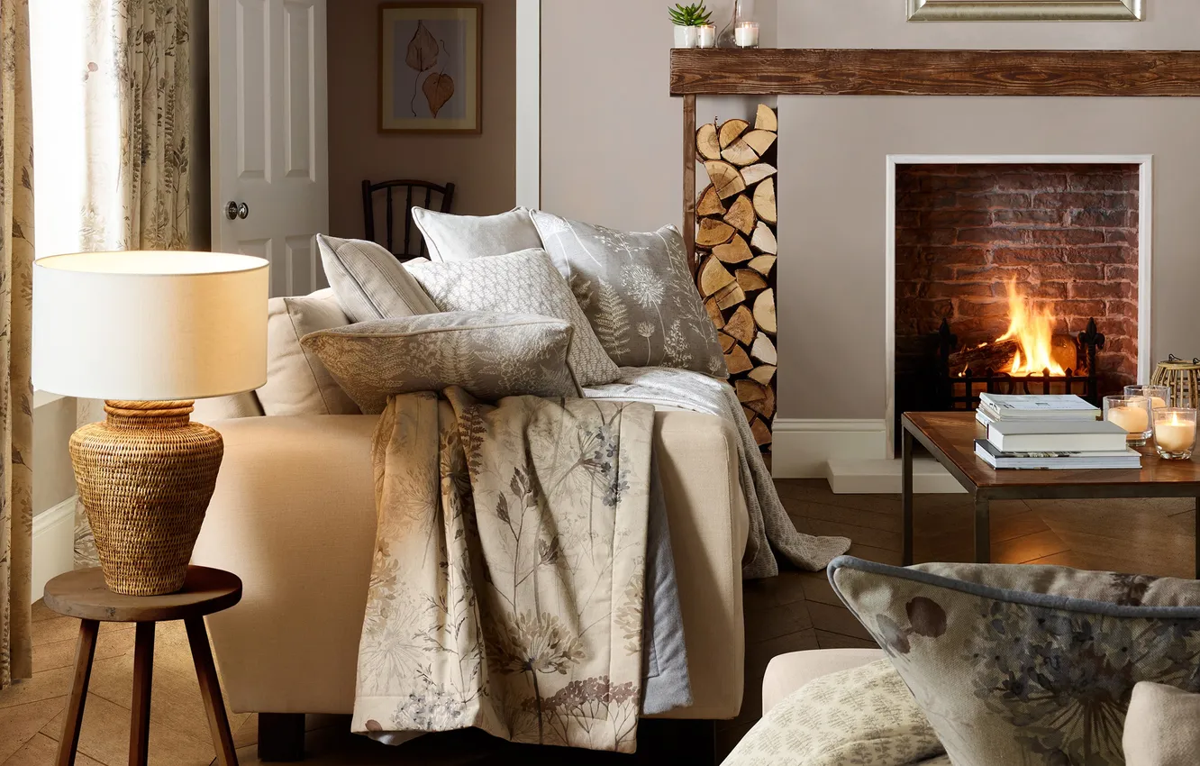 Photo wallpaper design, style, heat, room, interior, pillow, fireplace, sofa