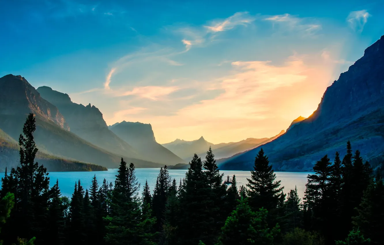 Photo wallpaper forest, trees, mountains, lake, island