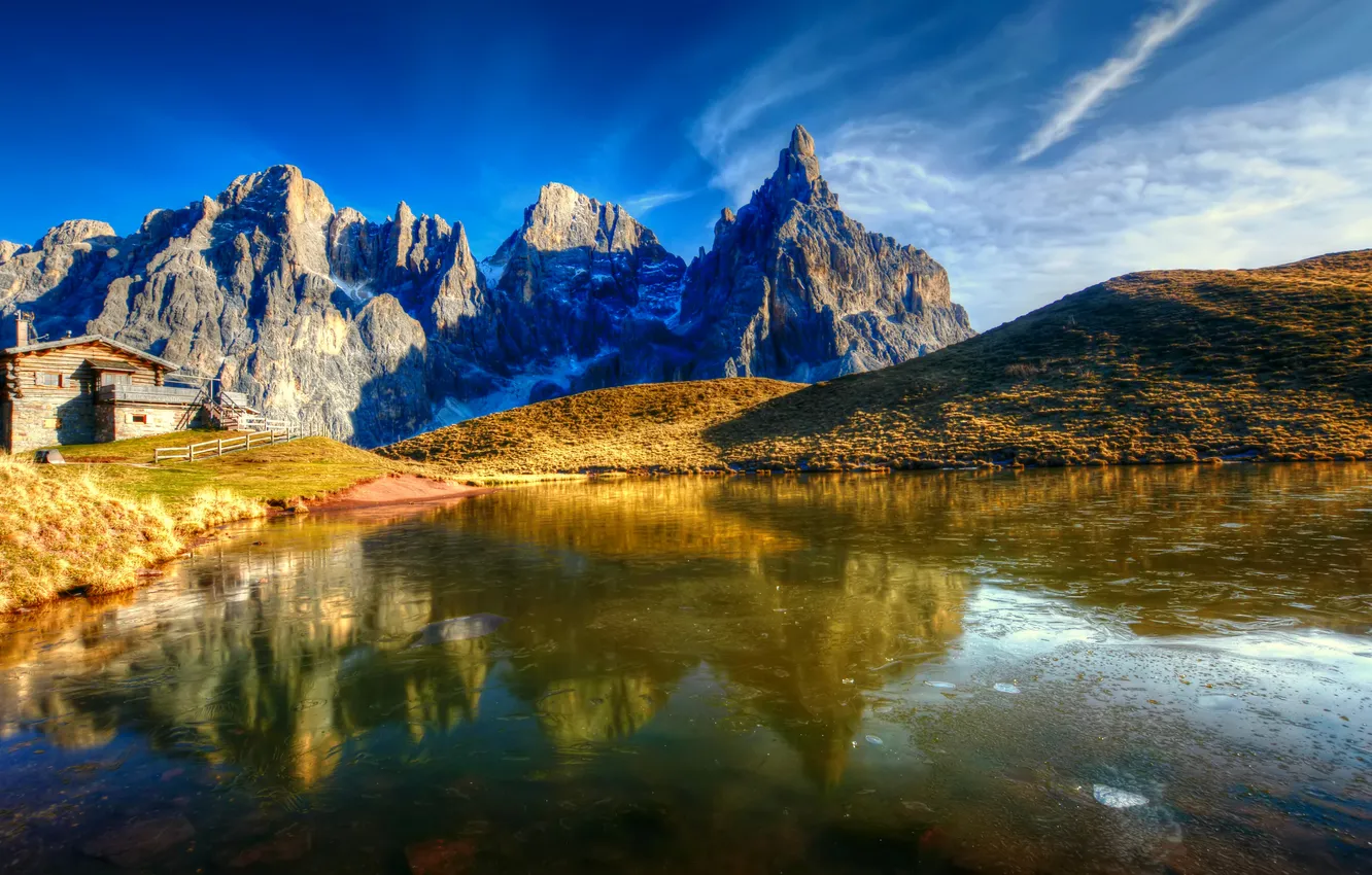 Photo wallpaper landscape, mountains, lake, reflection, rocks, Italy, The Dolomites