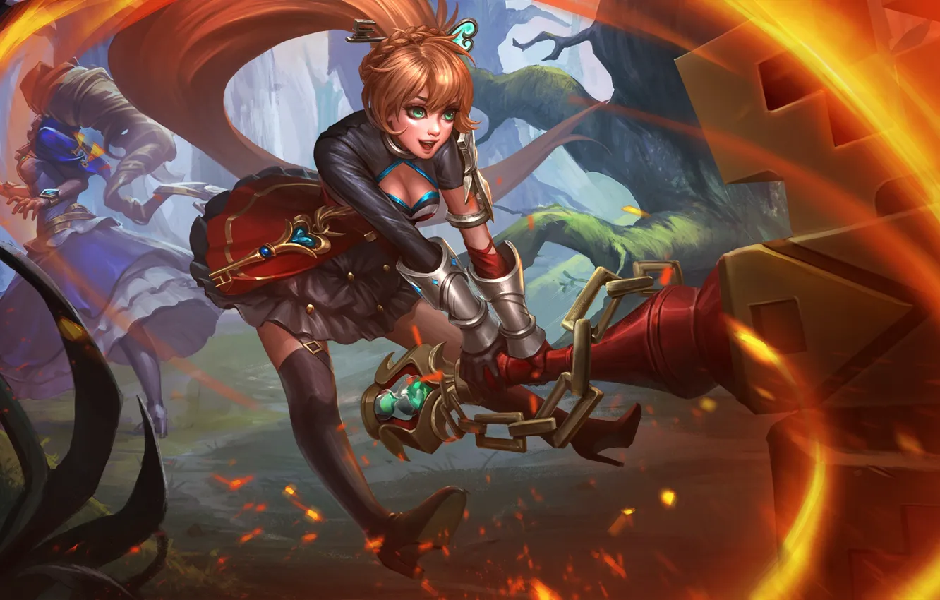 Photo wallpaper girl, face, hammer, dress, art, Heroes of Newerth, Locksmasher, Hammerstor