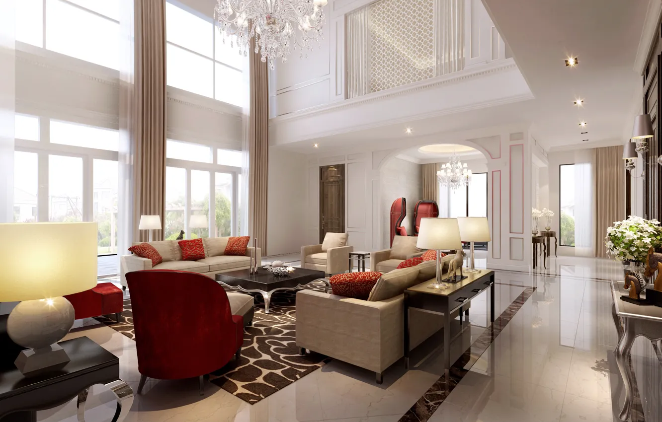 Photo wallpaper villa, luxury, white living room