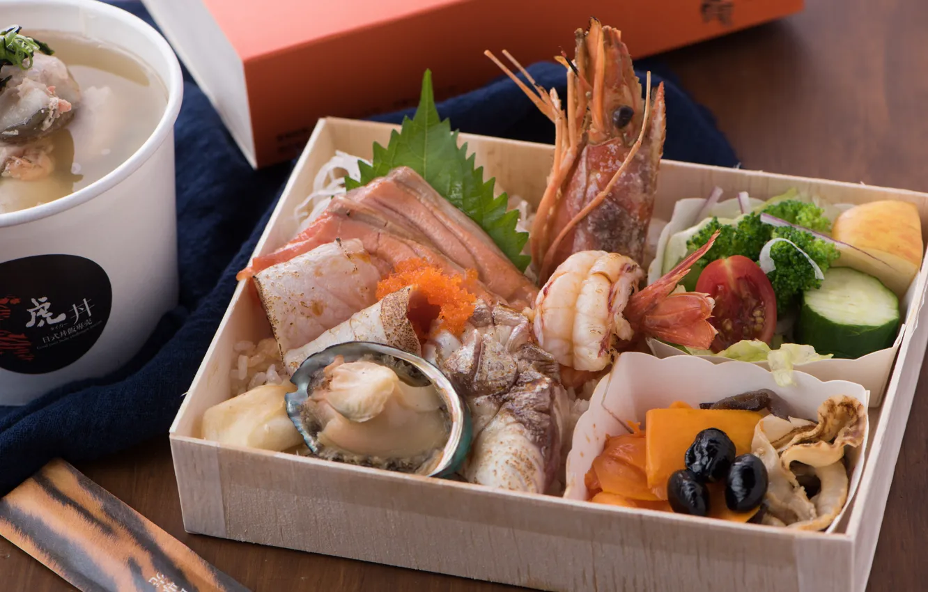 Photo wallpaper fish, vegetables, shrimp, seafood, cuts
