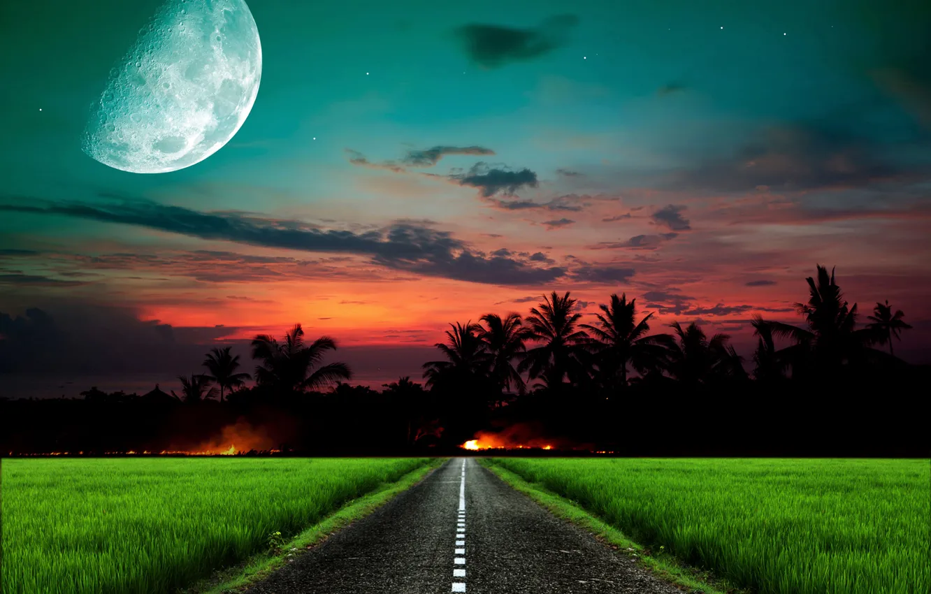 Photo wallpaper road, the sky, grass, stars, sunset, night, the moon