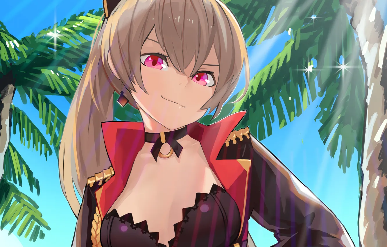 Photo wallpaper girl, cleavage, blouse, long hair, boobs, anime, beautiful, ponytail