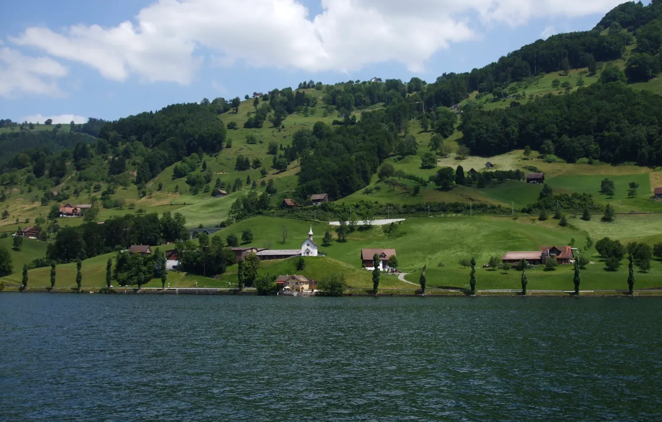 Photo wallpaper Switzerland, Alps, Lake Train