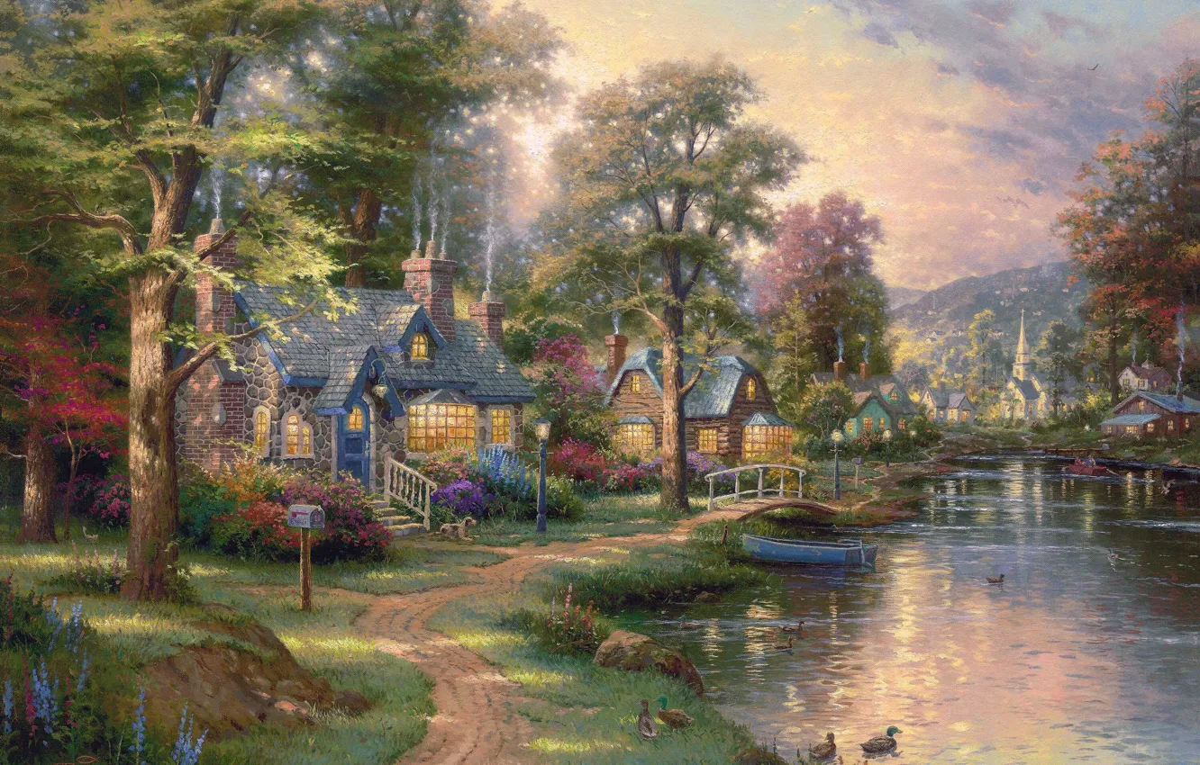 Photo wallpaper sky, trees, landscape, bridge, dog, flowers, lake, village