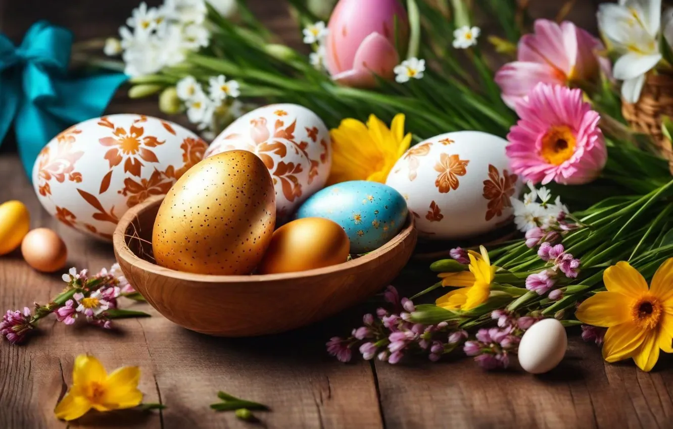 Photo wallpaper flowers, eggs, spring, colorful, Easter, flowers, spring, Easter