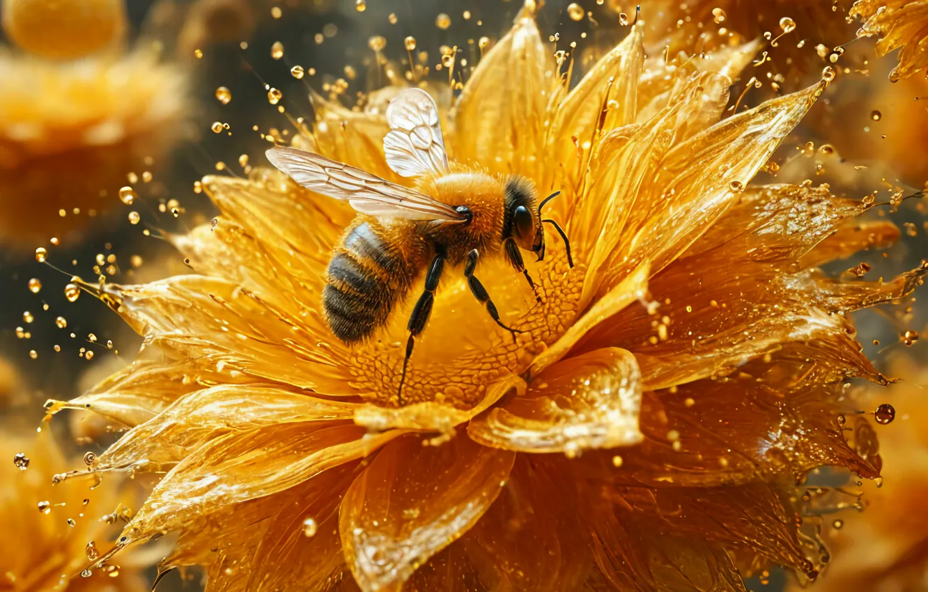 Photo wallpaper flowers, bee, AI ART